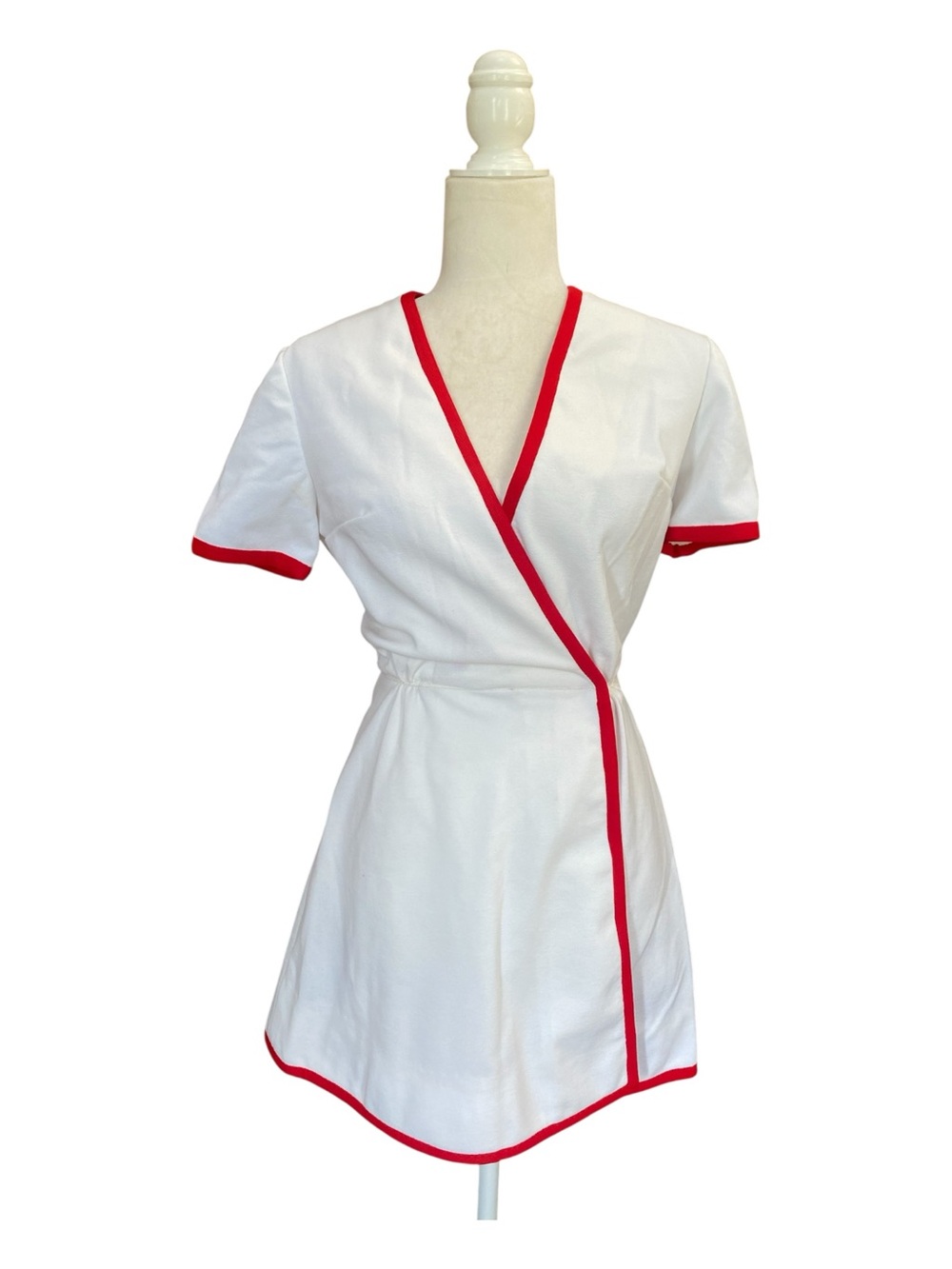 Vintage Womens Handmade White Wrap Mini Dress 1980s Retro Style